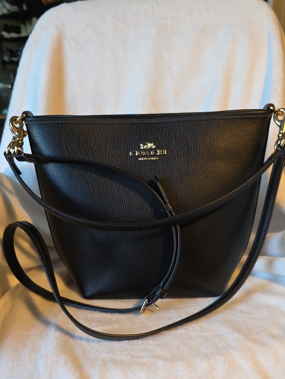 Coach Black Pebbled Leather Bucket Shoulder Bag with Gold Hardware